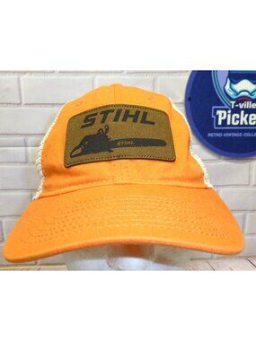 Stihl Orange Mesh Trucker Hat With Chainsaw Patch Snapback Adjustable Cap